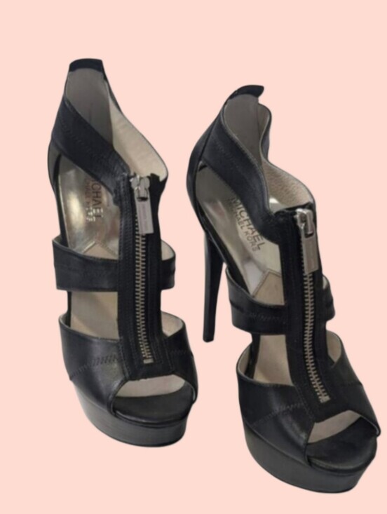 Michael Kors Shoes - Michael Kors Black Leather Heels Zip Front Platform Sandals Size 8.5